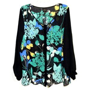 Worthington Woman Tropical Black Floral Semi Sheer Long Sleeve Top – Size: 2X